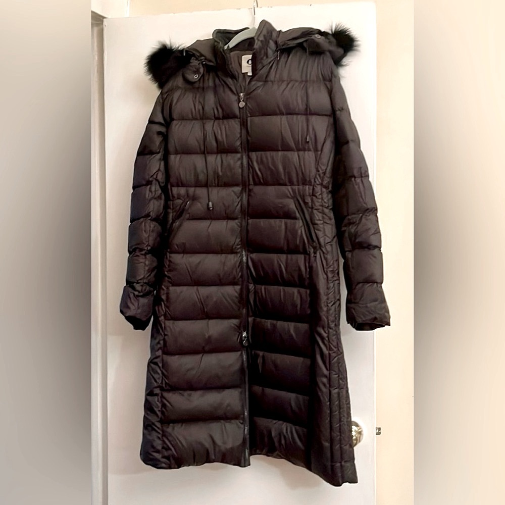 Snowman black down long puffer coat with real fur hood size Large - Picture 2 of 13